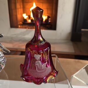 Fenton Ruby Red Carnival Iridescent Glass Bell with Angel